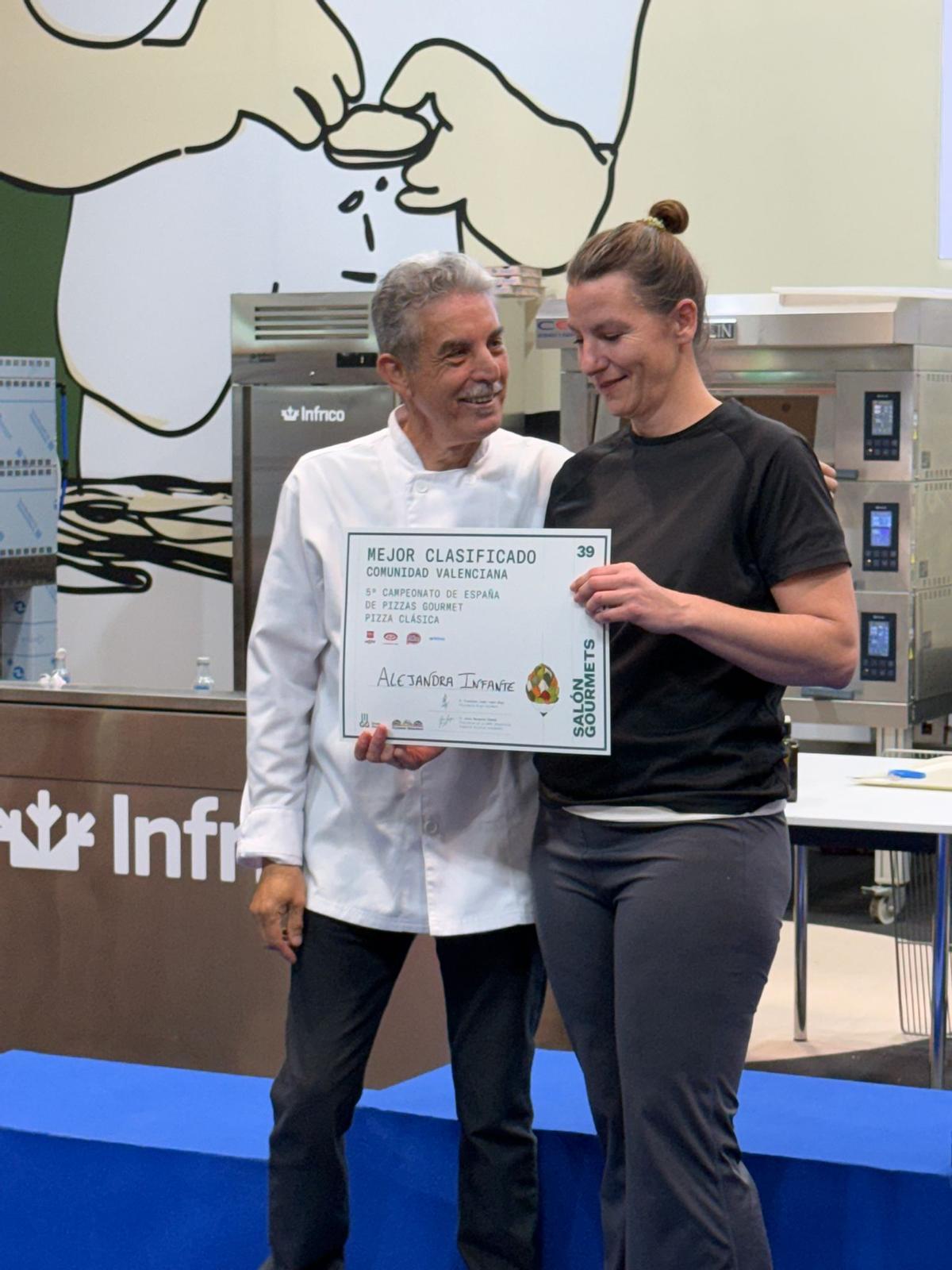 Alejandra Infante, con el premio entregado por Jesús Marquina, maestro pizzero español cinco veces campeón del mundo