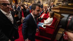Aragonès y Albiach en el Parlament el día que se tumbaron los presupuestos.