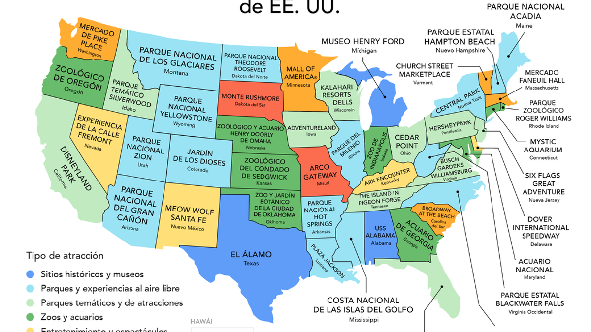 Cuál es la atracción turística más popular en cada estado de EE.UU? Este  mapa lo muestra - Viajar