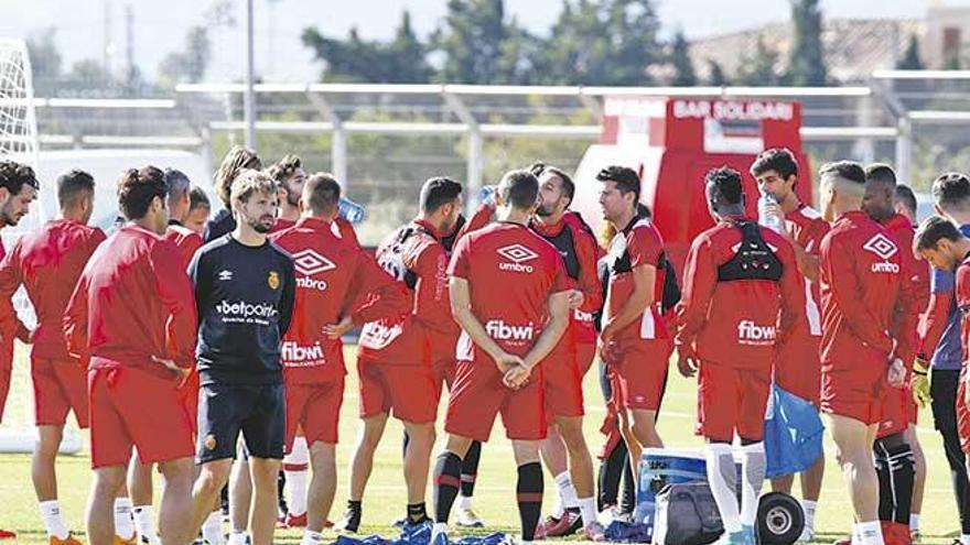 La plantilla del Real Mallorca, ayer en Son Bibiloni, donde se ejercitó en doble sesión.