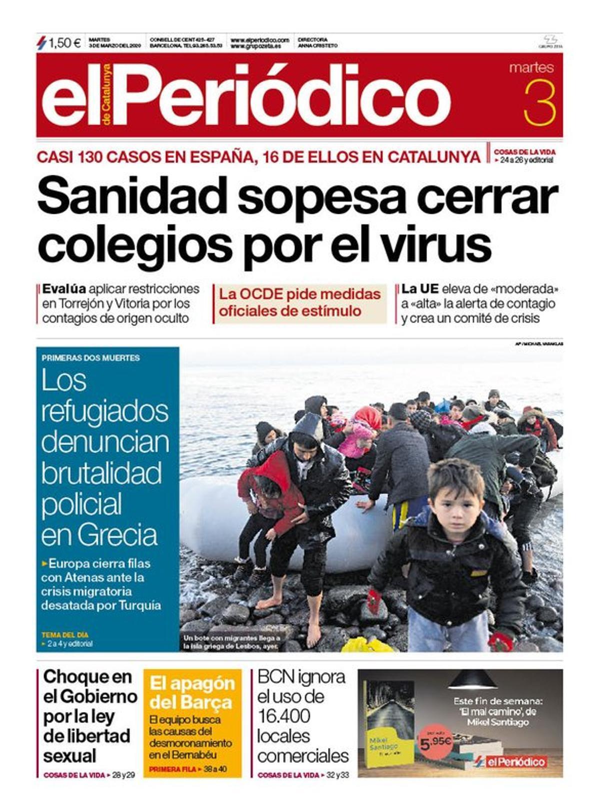 La portada de EL PERIÓDICO del 3 de marzo del 2020