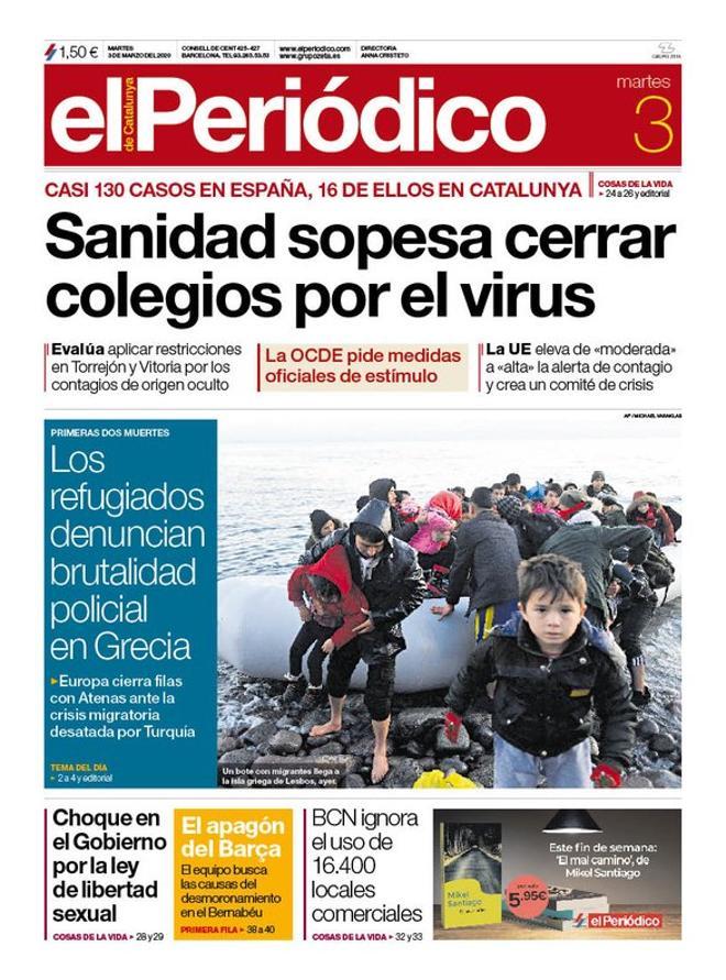 La portada de EL PERIÓDICO del 3 de marzo del 2020.