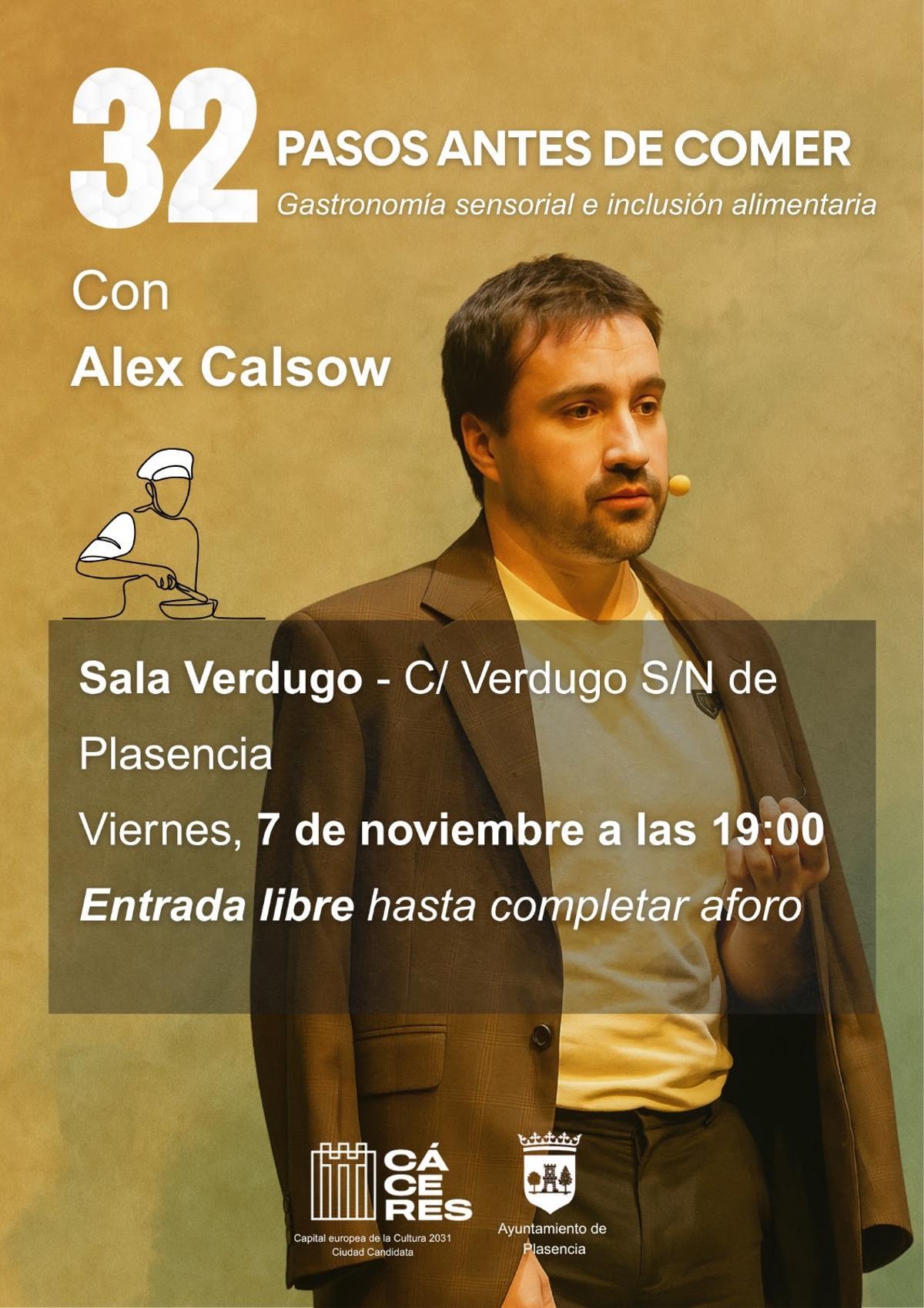 Cartel de la charla promovida en Plasencia por Cáceres 2031 sobre alimentación y experiencia emocional.