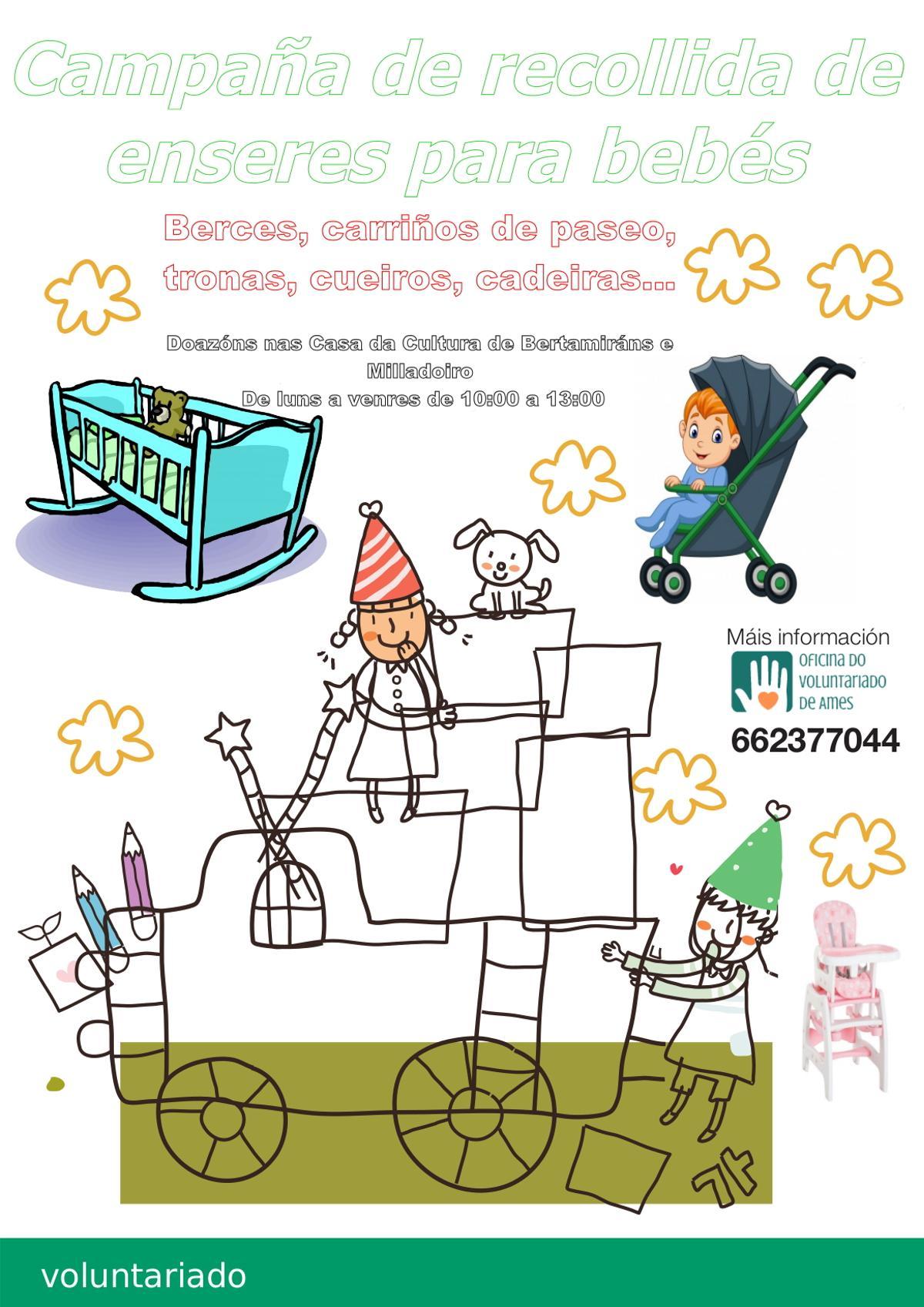 Cartel promocional da campaña de recollida de enseres para bebés en Ames.