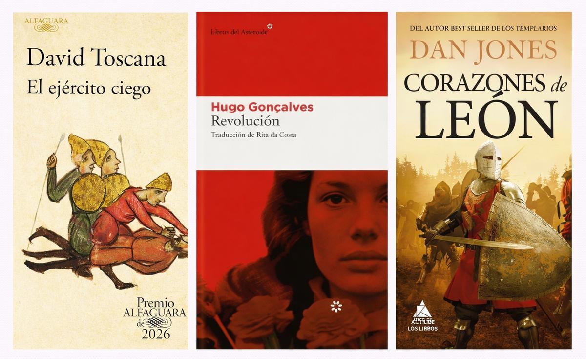 Portadas de 'El ejército ciego', 'Revolución' y 'Corazones de León'.