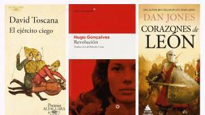 Portadas de El ejército ciego, Revolución y Corazones de León.