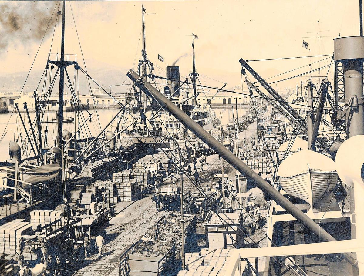 Una imagen del muelle de carga del puerto de la Luz, en Las Palmas de Gran Canaria, tomada alrededor de 1930 por Teodoro Maisch (colección Vecinos de Tamaraceite).