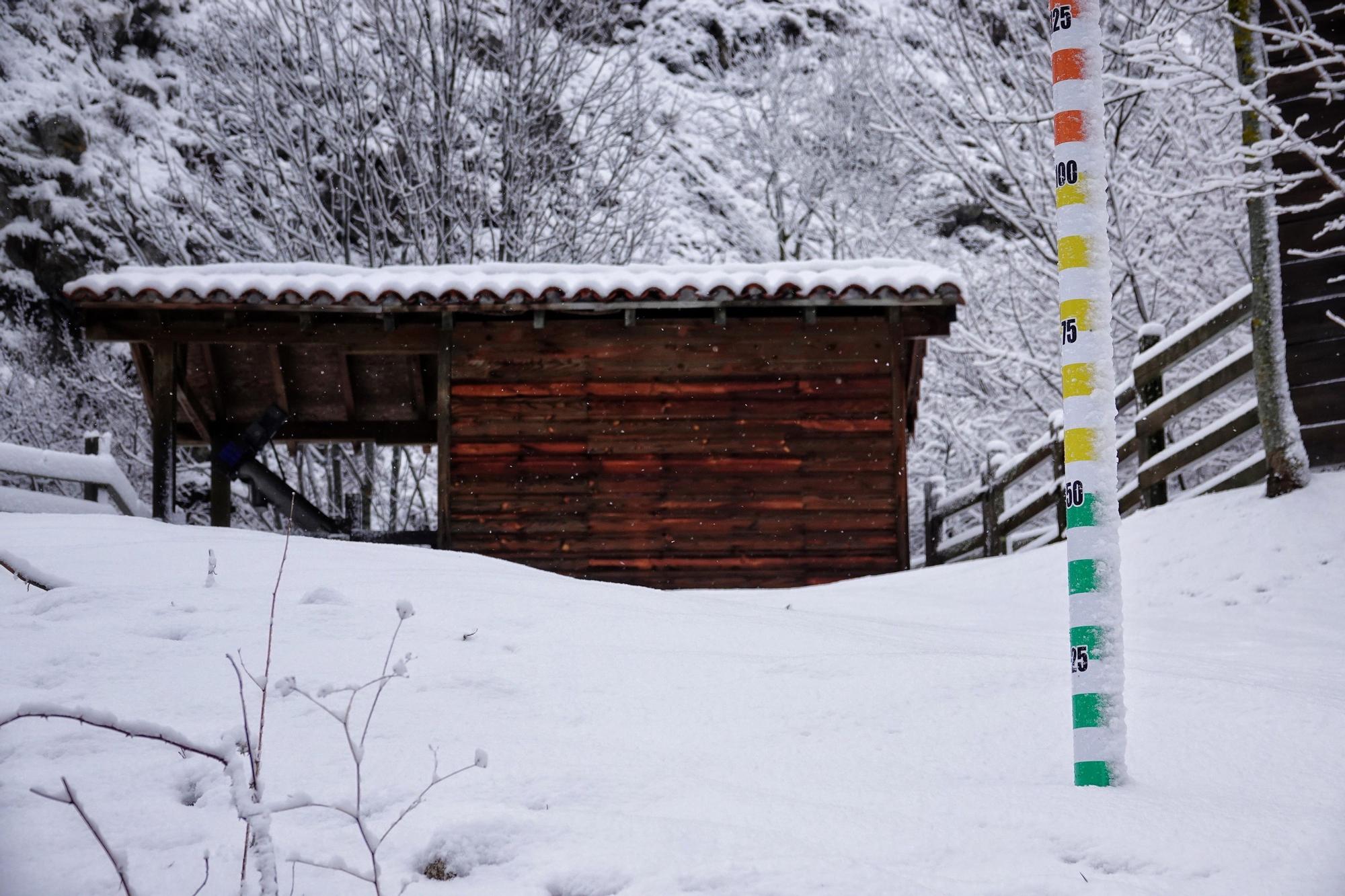 Una cabaña del término de Cabrales cubierta de nieve, a 17 de enero de 2023, en Cabrales, Asturias (España). Los vehículos pesados tienen restringido el paso en el Alto de Estazadas (Cabrales) como consecuencia de la nieve. El temporal dejará en Asturias