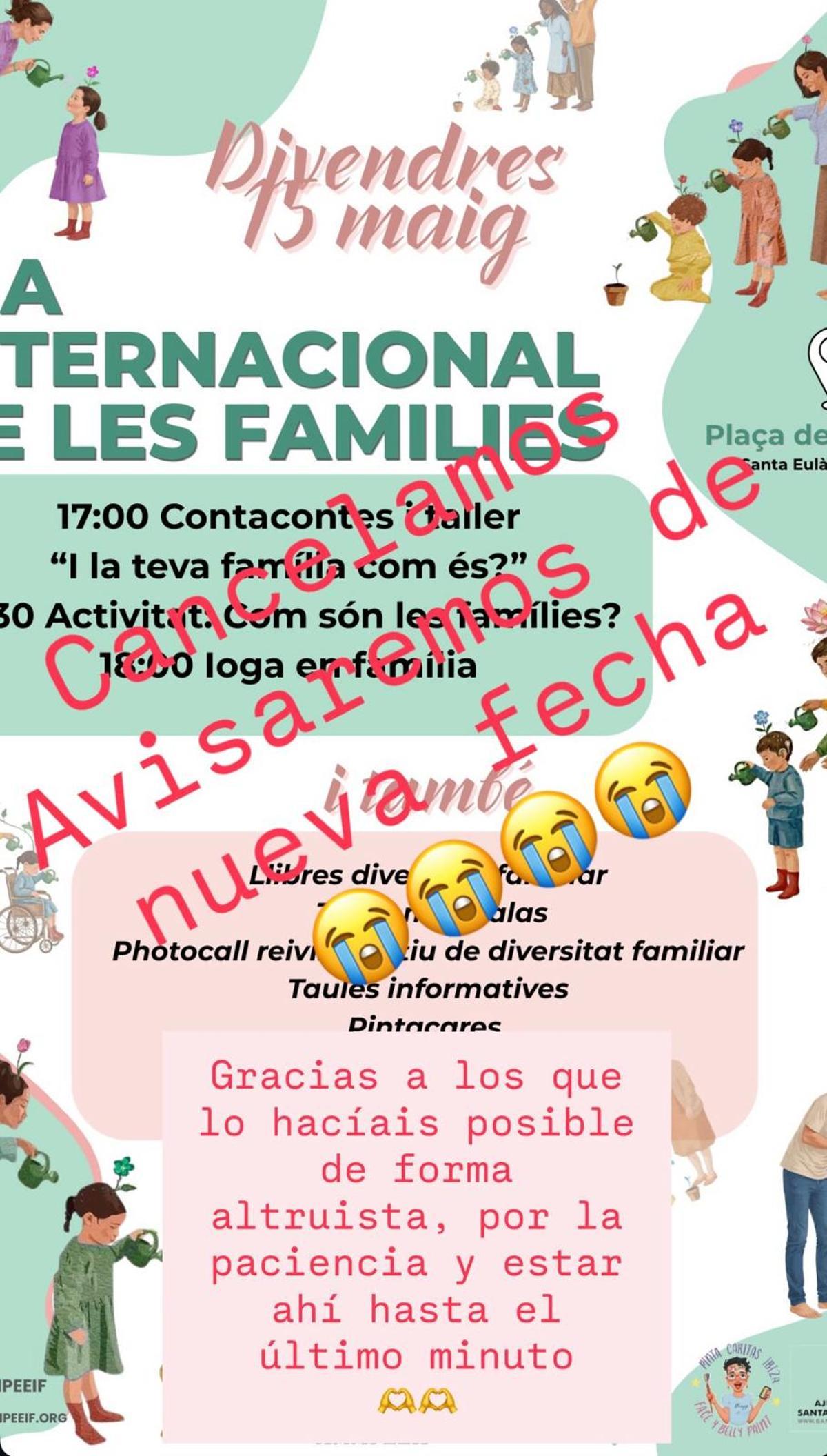 Anuncio por historia de Instagram de la suspensión del evento