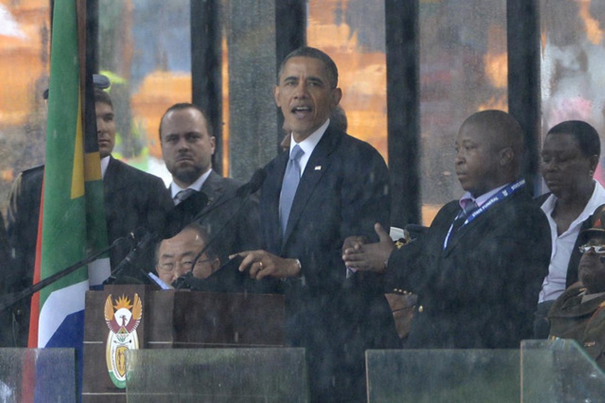 El president dels EUA, Barack Obama, durant el discurs en el funeral de Mandela.