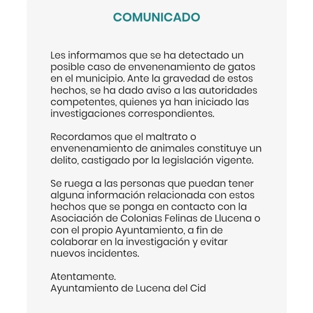 Comunicado publicado por el Ayuntamiento de Llucena.