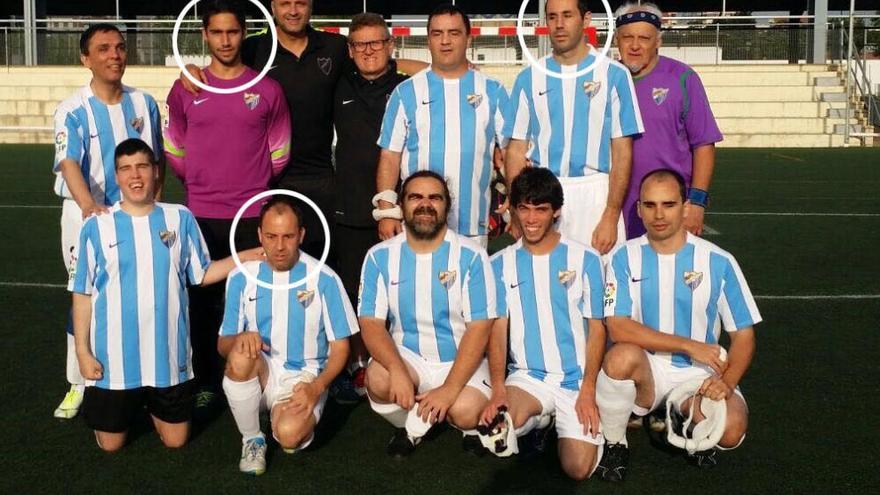 La plantilla del Once Málaga CF podrá contar con tres jugadores en los Juegos Paralímpicos de Río de Janeiro: Marcelo Rosado (arriba, segundo por la derecha), Carlos Garrido (abajo, segundo por la izquierda) y el portero Ceferino Sánchez (arriba, segundo por la derecha).