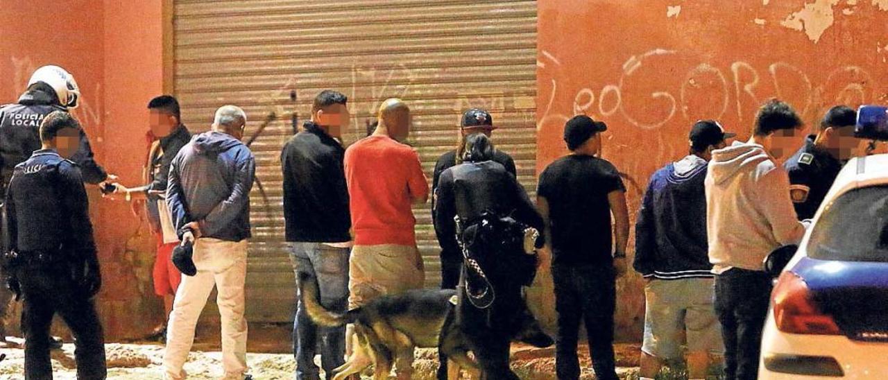 La Unidad Canina usando anoche uno de los perros para detectar droga en Nou Alacant.