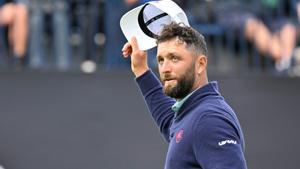 Spains Jon Rahm reacts on the 18th green on the opening day of the 153rd Open Championship at Royal Portrush golf club in Northern Ireland on July 17, 2025. (Photo by ANDY BUCHANAN / AFP) / RESTRICTED TO EDITORIAL USE. RESTRICTED TO EDITORIAL USE