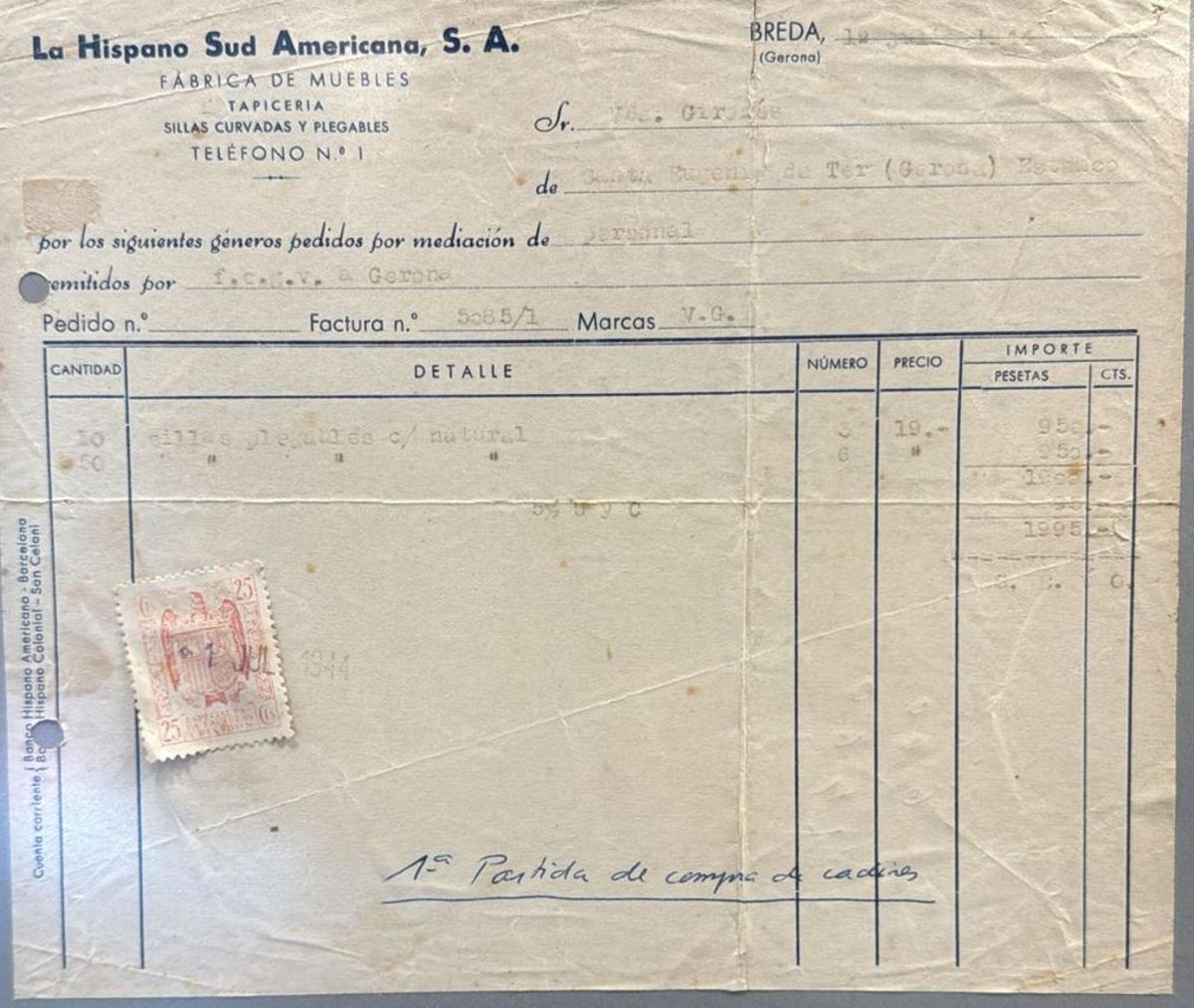 La factura de les primeres cadires que va comprar Joan Pous.