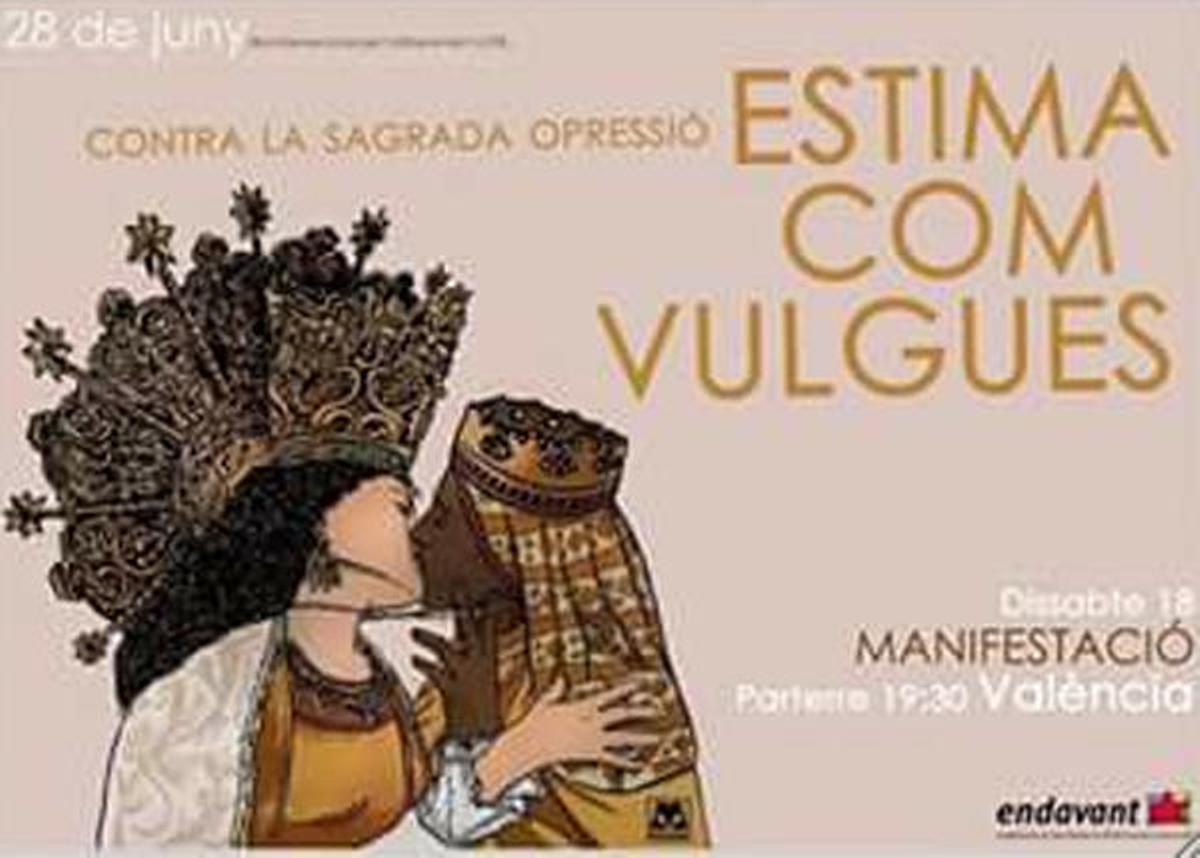 Polémica por un cartel con la 'Geperudeta' y la 'Moreneta' besándose