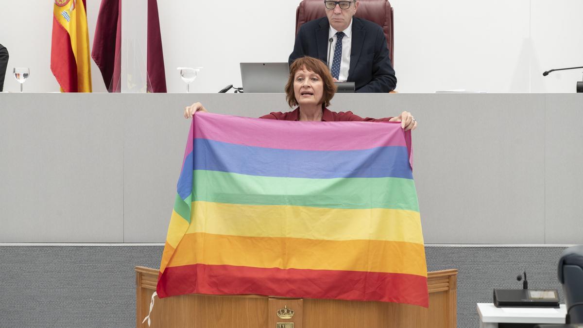 María Marín sujeta la bandera del arcoíris durante el pleno de la Asamblea