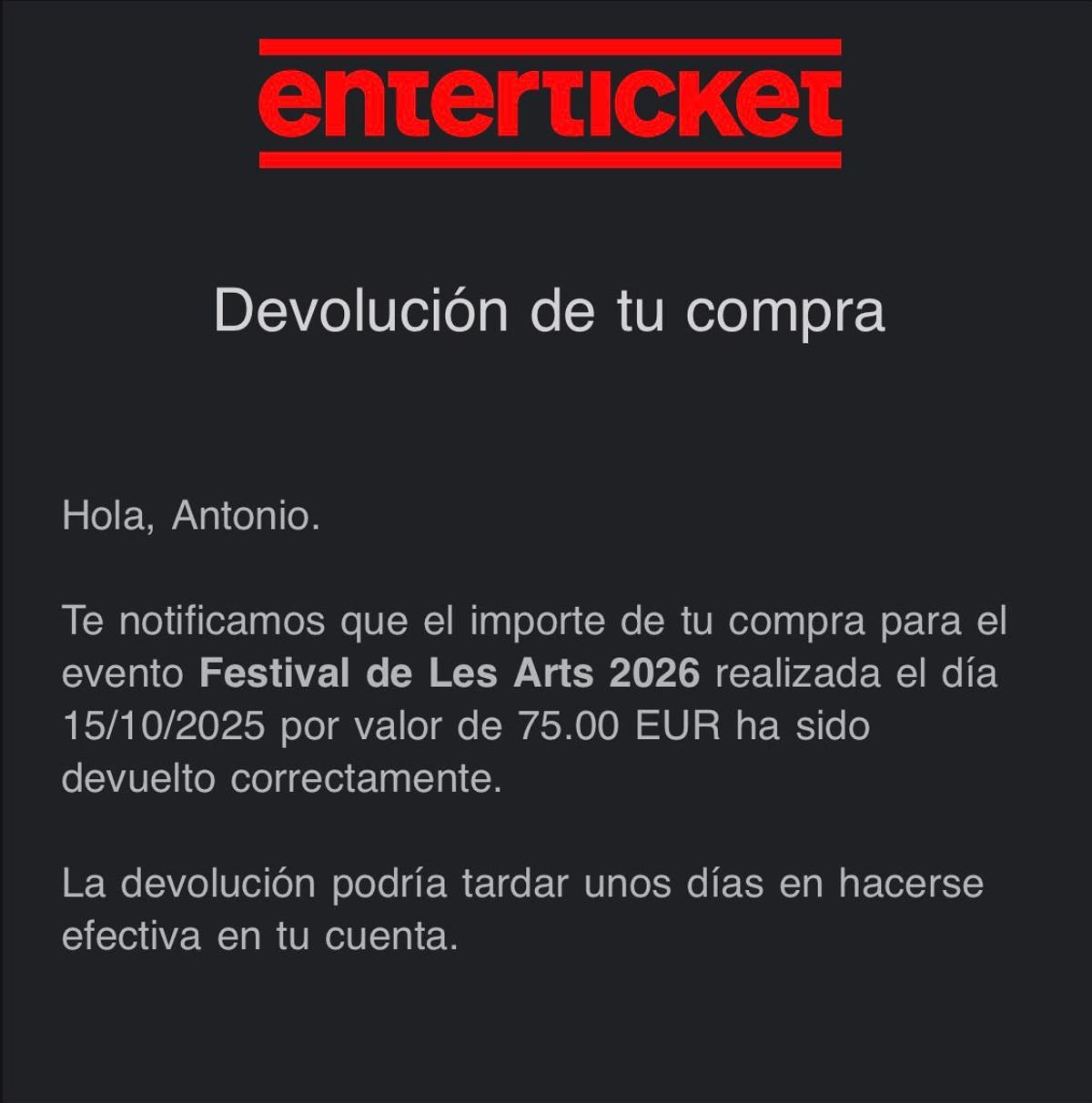 El festival de Les Arts comienza a devolver el dinero de las entradas del festival en su edición de 2026.