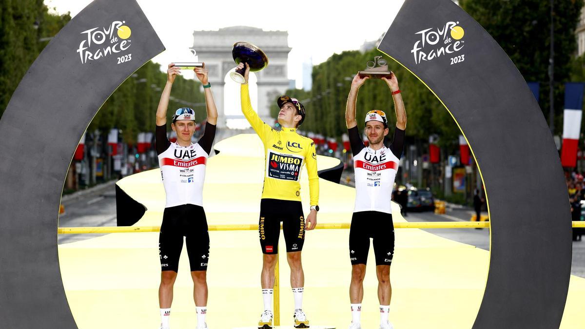 Jonas Vingegaard, Tadej Pogacar y Adam Yates, en el podio del Tour de Francia 2023.