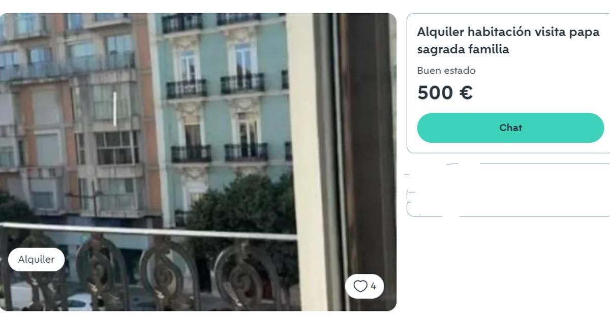 Vista de uno de los anuncios del portal Wallapop donde se alquilan terrazas para ver el recorrido del papamóvil del Papa León XIV del próximo día 10 en Barcelona por 500 euros.