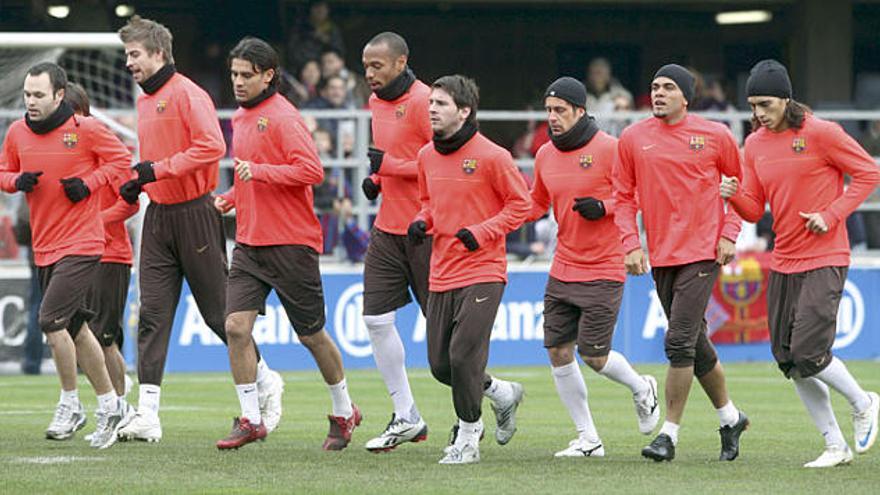 Els jugadors del Barça durant l&#039;entrenament de dimecres passat al Miniestadi.