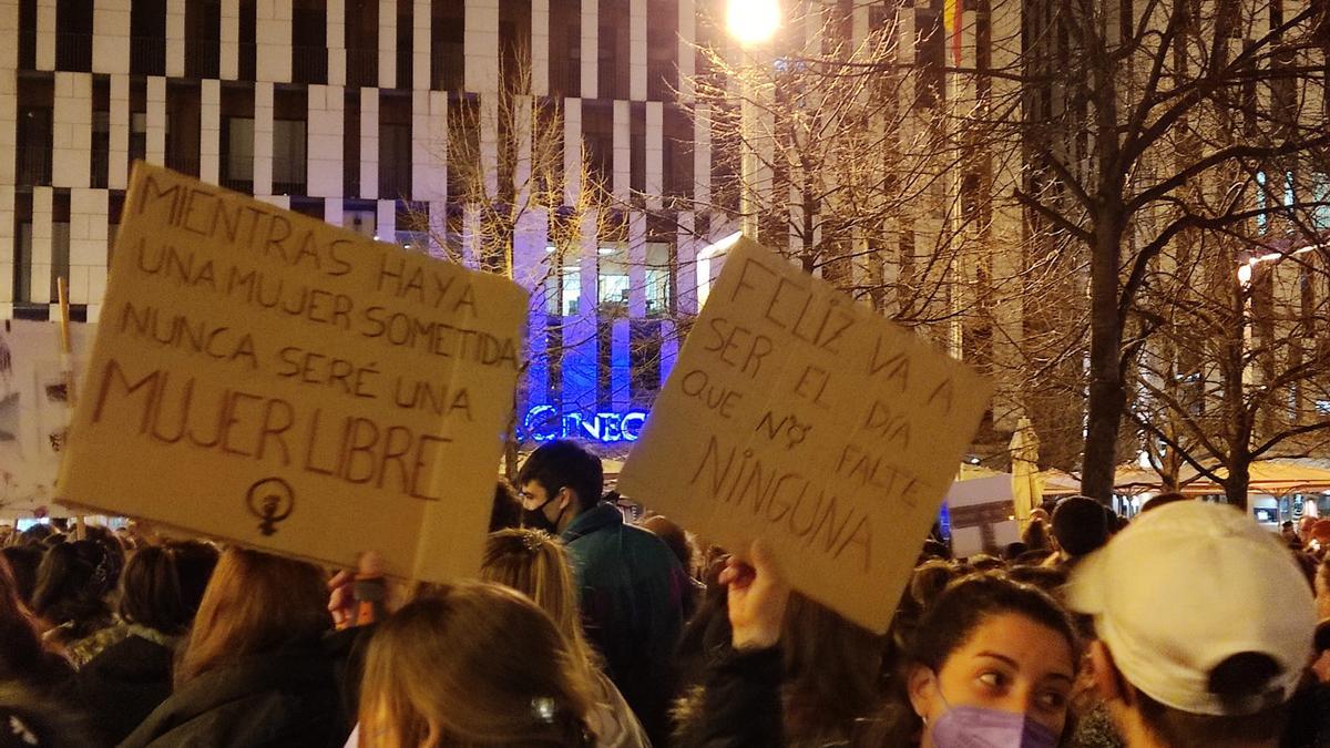 Algunas de las pancartas que se han visto en la manifestación de Zaragoza esta tarde.