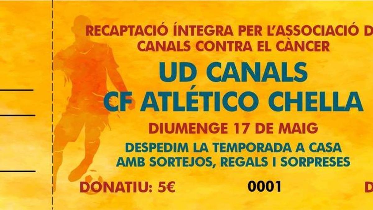 Imagen de la entrada para el partido de la UD Canals a beneficio de la asociación local contra el cáncer.