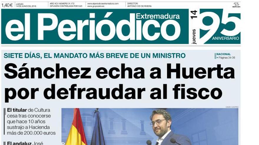 Esta es la portada de EL PERIÓDICO EXTREMADURA correspondiente al día 14 de junio del 2018