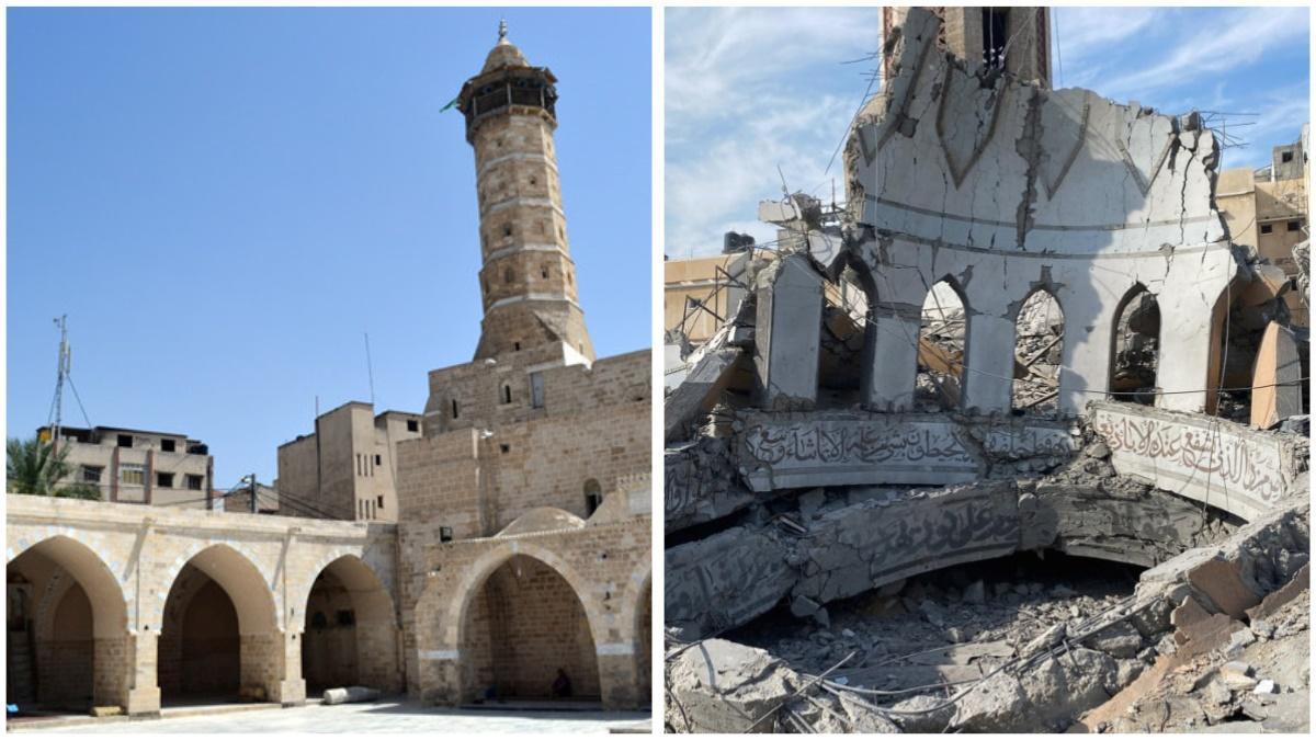 Gran Mezquita de Gaza (mezquita de Al-Omari) antes de ser atacada y otra con la misma mezquita destruida.