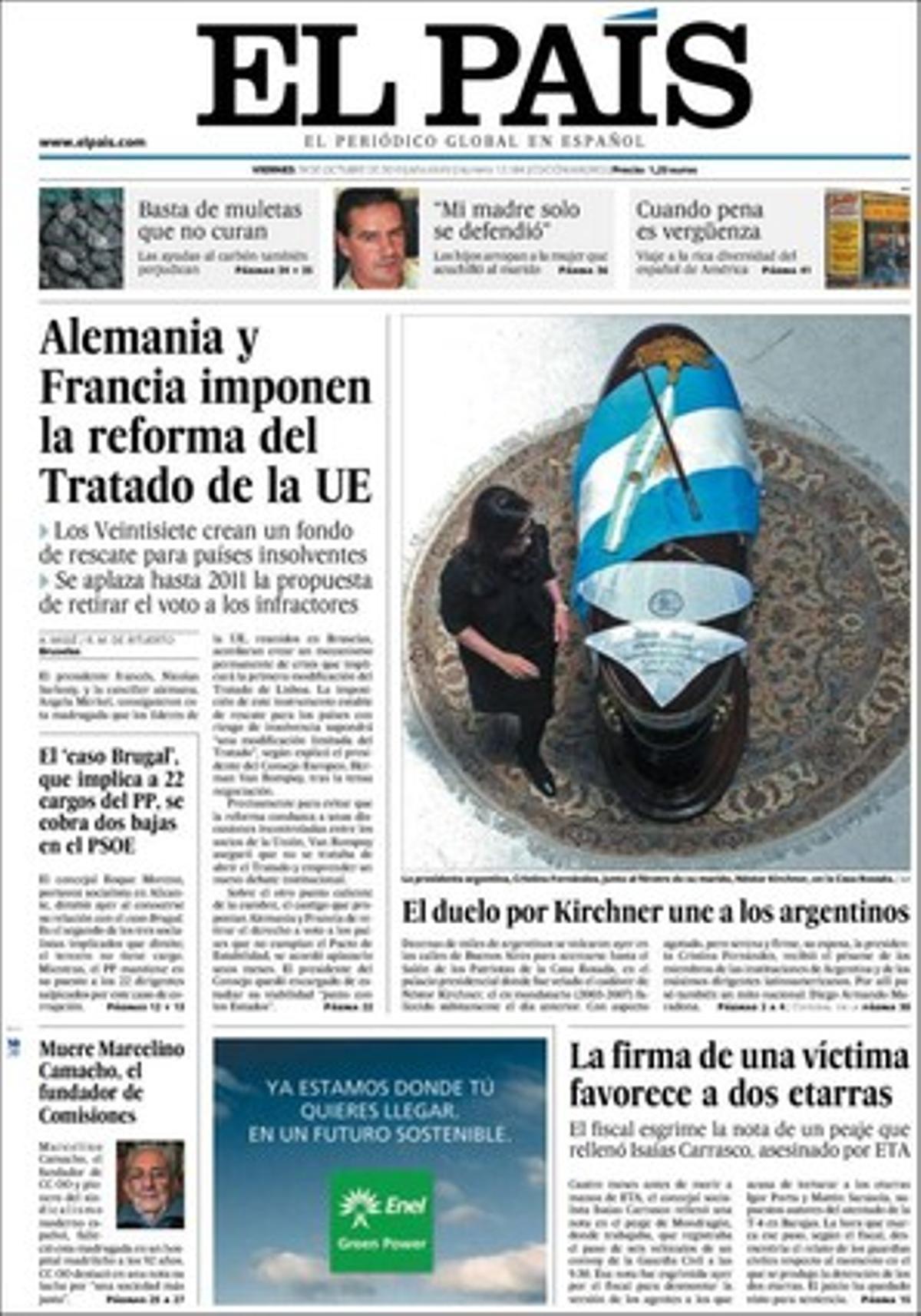 A les pàgines interiors ’El País’ destaca que Rabat encercla les haimes d’Aaiun per desmobilitzar els sahrauís i que el ministre de l’Interior marroquí busca una solució ’in situ’. Entrevista el ministre de la Presidència, Ramón Jáuregui --Sóc molt escèptic sobre veure un final total per dissolució d’ETA--, i explica que la firma d’una víctima d’ETA, Isaías Carrasco, qüestiona la versió dels guàrdies civils en el judici per presumptes tortures als etarres Portu i Sarasola. També realça que Elena Salgado demanarà el detall dels crèdits per garantir que arriben a les pimes; que es xifra en uns 6.000 milions d’euros el deute per delicte fiscal dels casos que estan encallats als tribunals, i que el PP va recolzar a Catalunya altres normes sobre el català com la que ha recorregut a Barcelona.