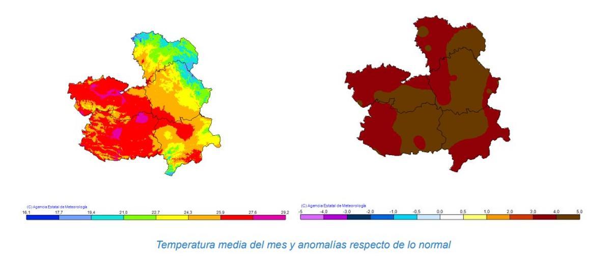 Temperatura media del mes de junio y anomalías en Castilla - La Mancha