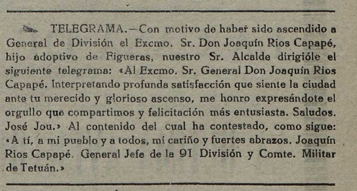 Notícia sobre l'ascens a General de Divisió, publicada el 1941, amb la felicitació municipal