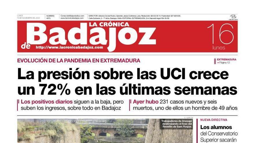 Esta es la portada de LA CRÓNICA DE BADAJOZ correspondiente al día 16 de noviembre del 2020