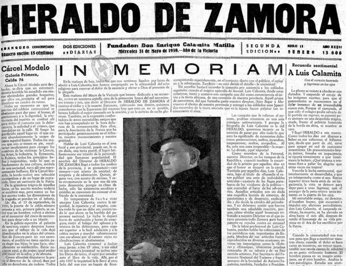'In memoriam' de Luis Calamita del 31 de mayo de 1939, en el periódico que dirigía.