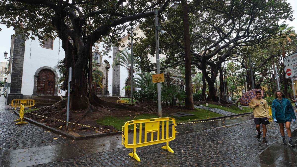 Dos personas se cubren de la lluvia el domingo en Santa Cruz de Tenerife.