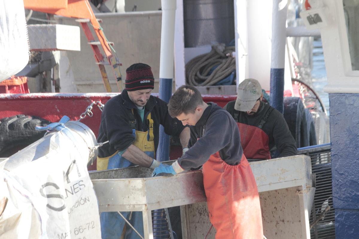 Mejilloneros de Bueu, trabajando ayer a bordo en su barco.