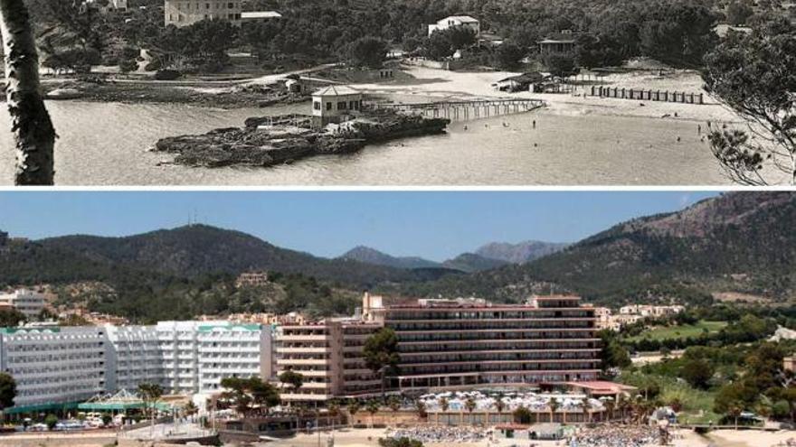 Una imagen del enclave de Camp de Mar antes y después de su masiva urbanización.