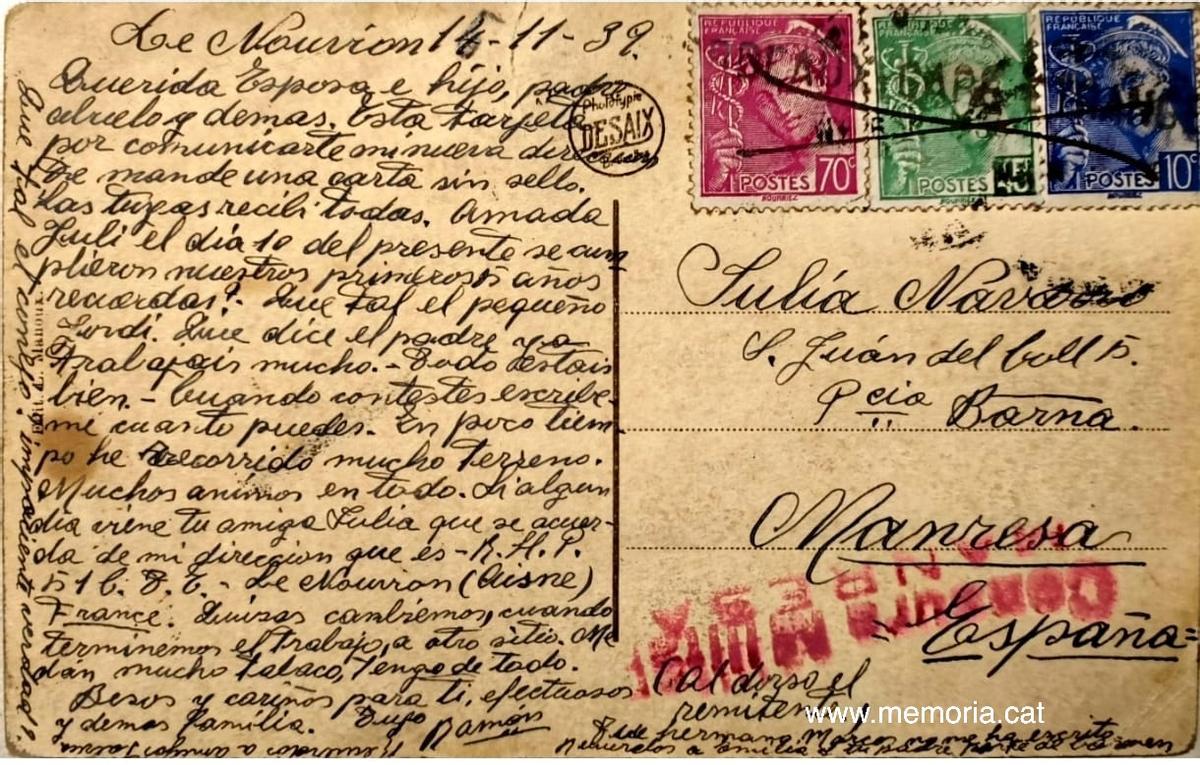 Darrere de la postal des de Le Nouvion que Ramon Lluch va enviar a la seva dona Júlia