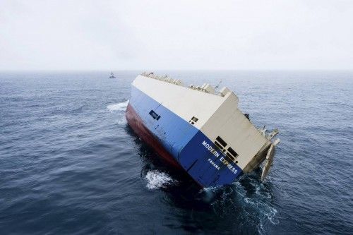 Handout picture provided by France's Marine Nationale shows the "Modern Express", a cargo ship that started listing heavily to one side in the Atlantic Ocean off France