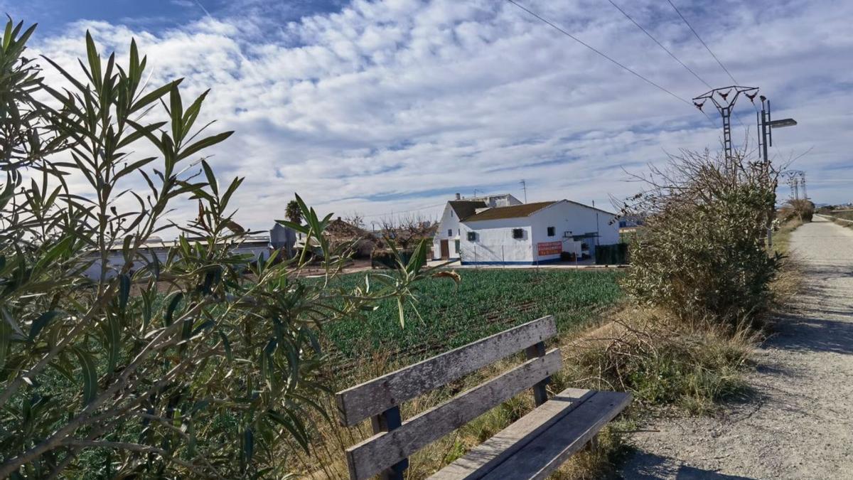 Conjunto de barracas de Alboraia junto al Carraixet con el cartel contra el PGE. | B.B.