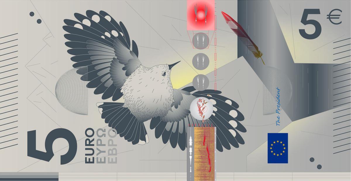 Diseño del billete de 5 euros en el que se ve al Treparriscos y su presencia sobre el mapa de Europa, sus huellas y las ondas de sonido de su canto.