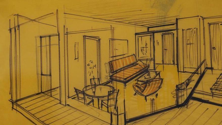 Dibuix de l’interior d’una habitació de l’Hotel Santa Susanna, a Malgrat, obra de Joan Maria de Ribot (1962). 