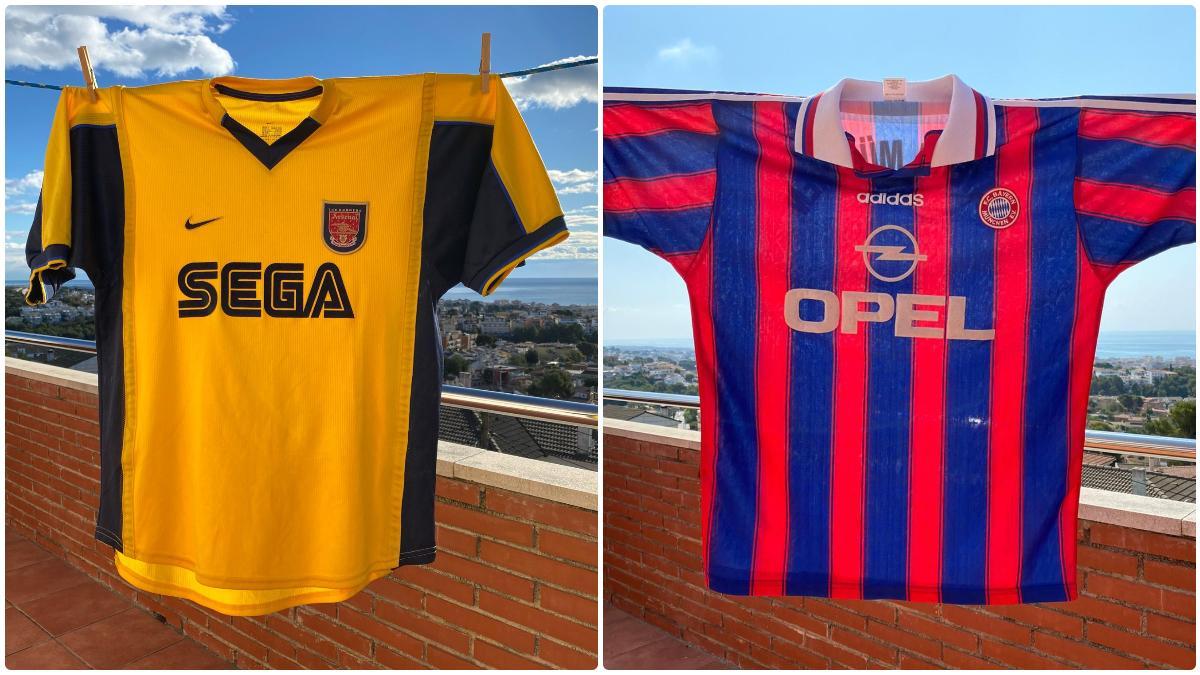 Camiseta del Arsenal 1999-2001 con la publicidad Sega y camiseta del Bayern 1995-1997 con Opel