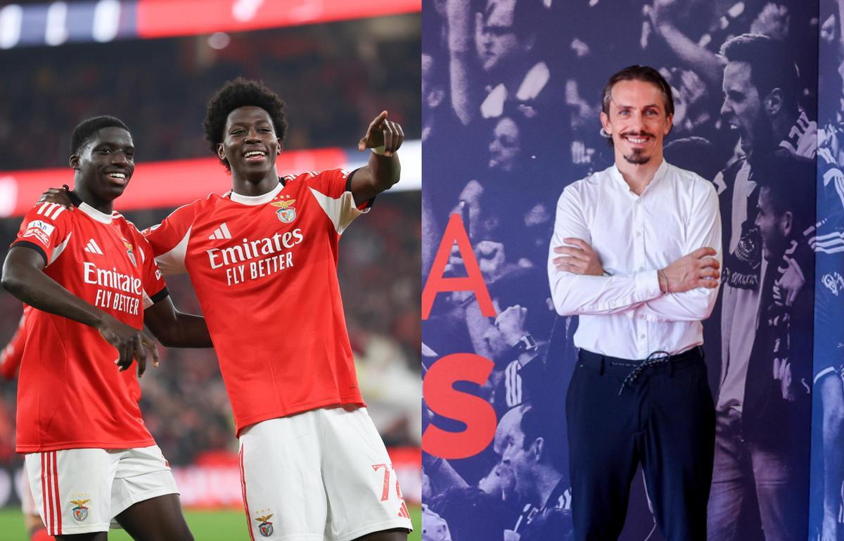 A la izquierda, Anísio Cabral y Daniel Banjaqui, dos de los 'meninos de ouro' de la cantera del Benfica que dirige Joquim Milheiro (izquierda).