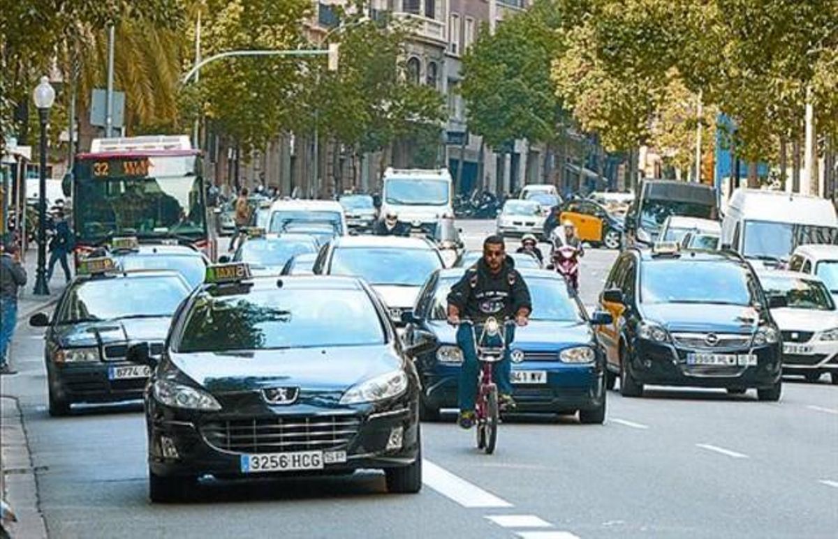 Un ciclista enmig del trànsit de Balmes, entre Travessera i Diagonal.