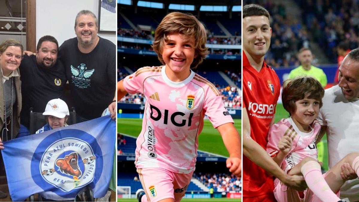 A la izquierda, Javi junto a sus padres Ana Piera y Celestino Gómez, y Daniel Álvarez (en el centro); a la derecha, Javi, con la camiseta benéfica y Javi, con Bretones y Cazorla en la previa del partido ante Osasuna.