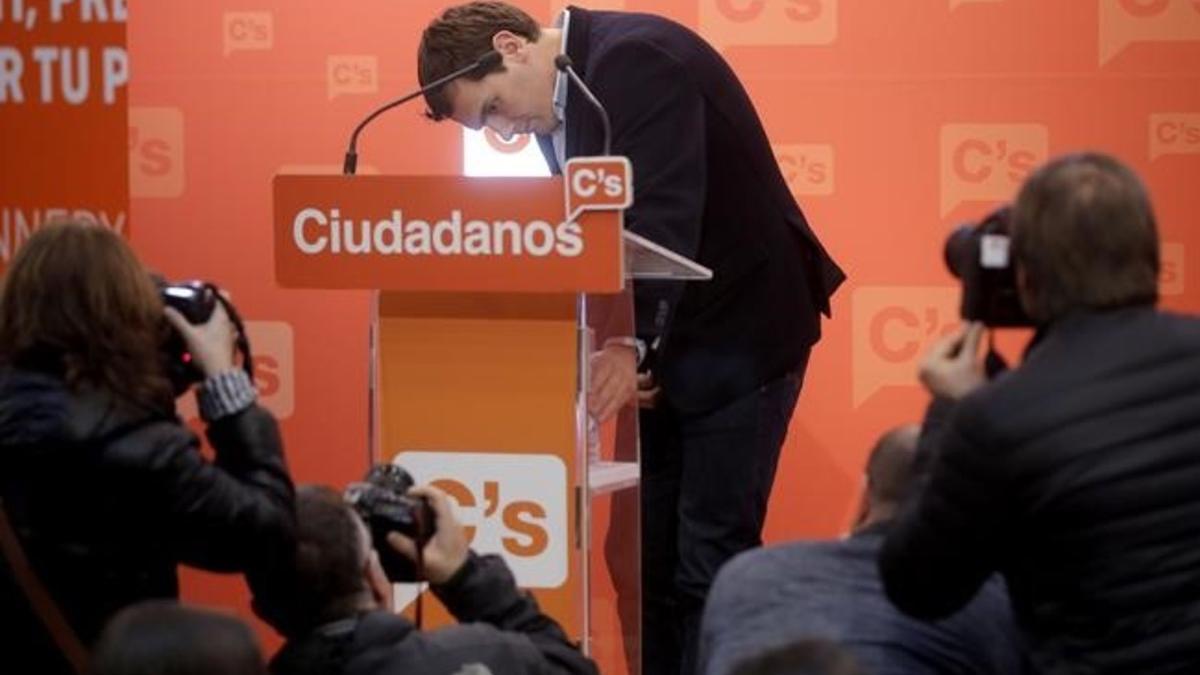 Albert Rivera durante la rueda de prensa despues de la reunion de la ejecutiva del partido