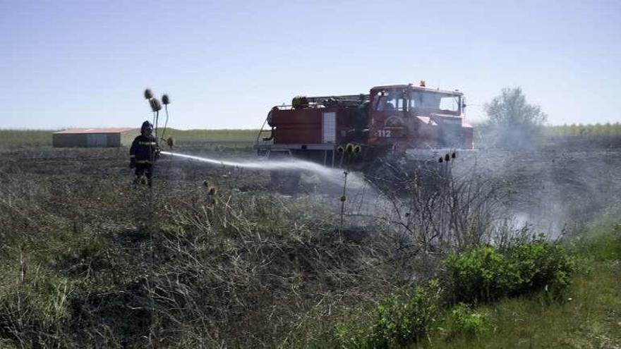 Un bombero sofoca un fuego junto a la carretera de Mózar.