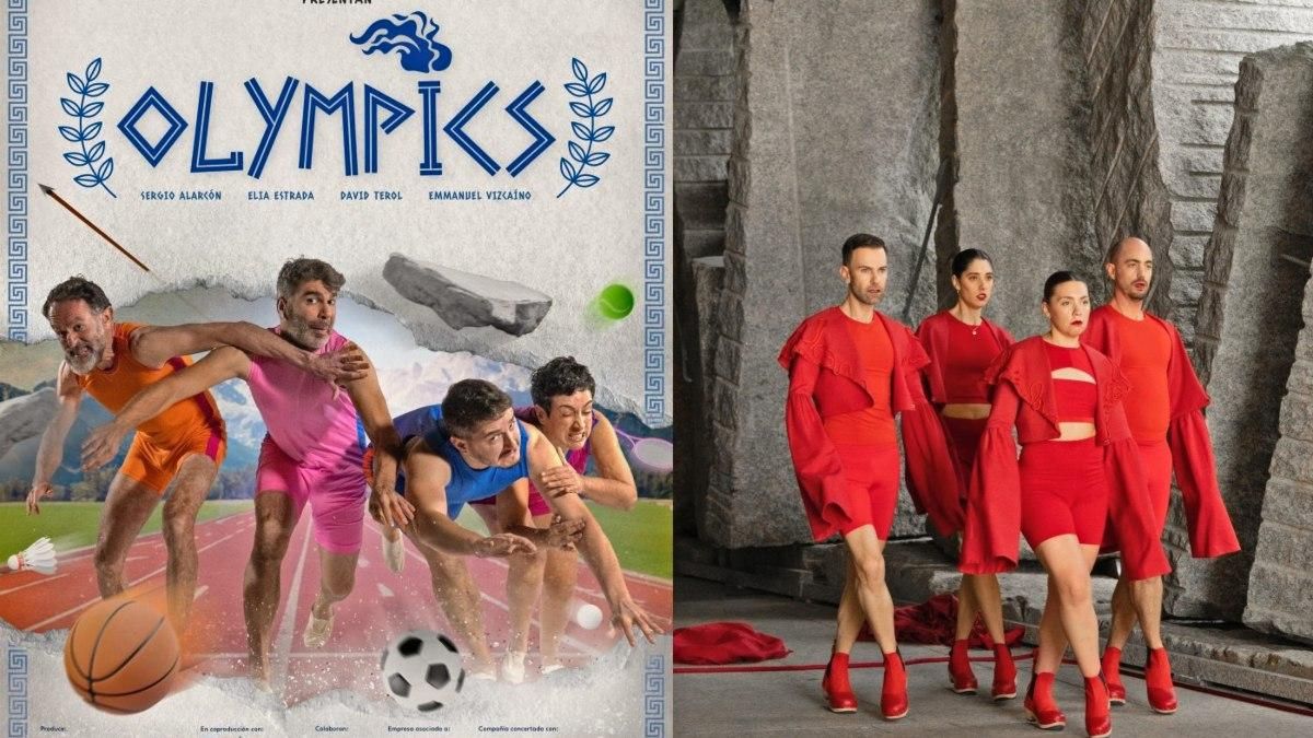 Elenco de Yllana en 'Olympics' y, al lado, Fran Sieira, a la izquierda, con el resto del elenco de su compañía de danza en 'Un Baile Ceibe en comunidade'.