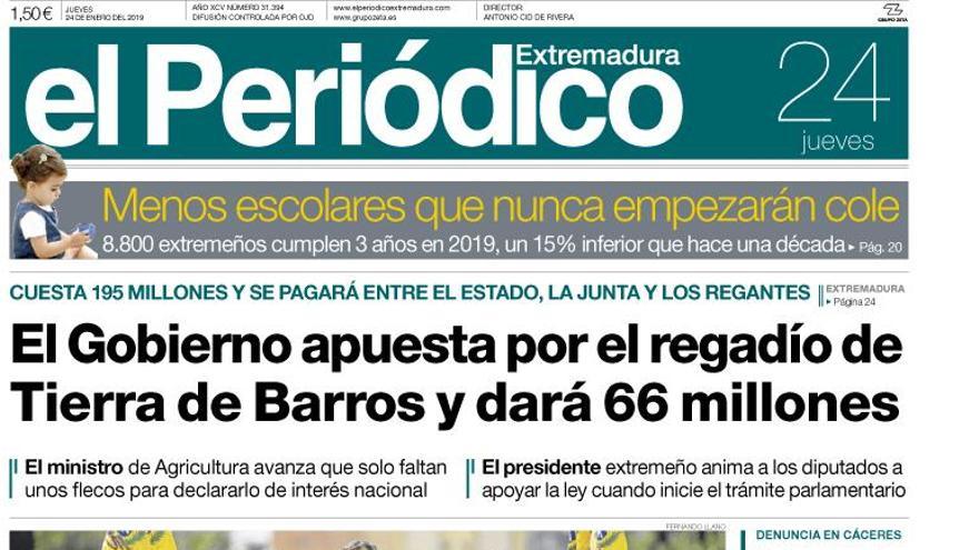 Esta es la portada de EL PERIÓDICO EXTREMADURA correspondiente al día 24 de enro del 2019